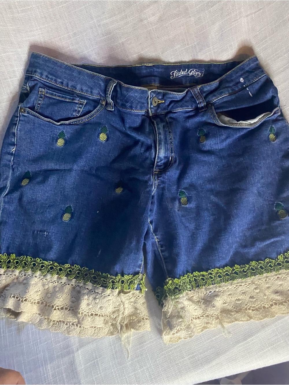 Faded Glory Blue Denim Pineapple Embroidered Shorts with Cream Lace Trim
